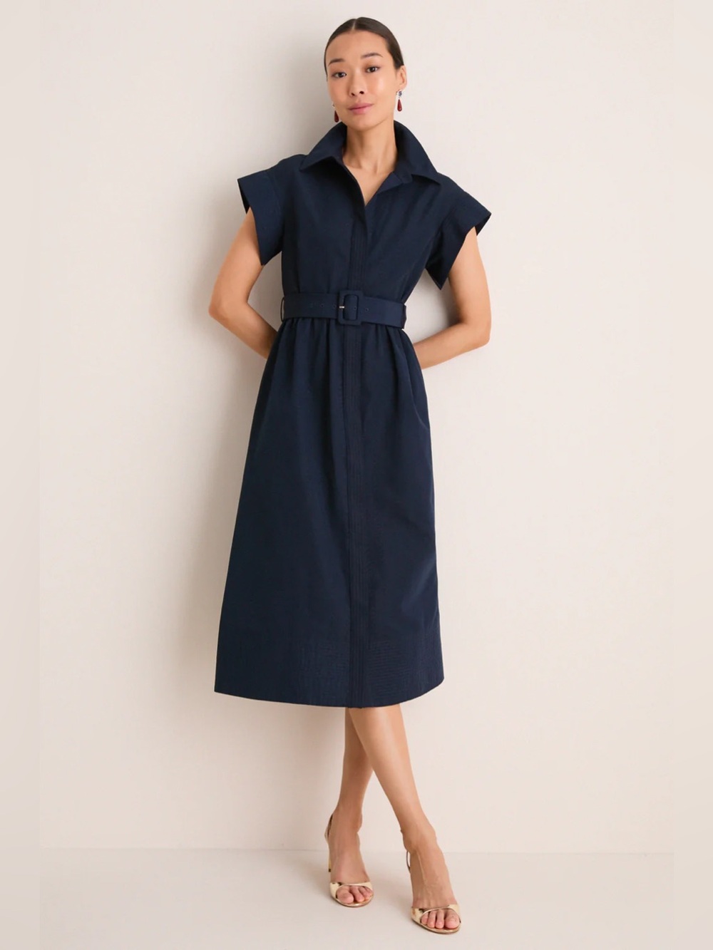 NWT Tuckernuck Navy Chloe Midi Button front Belted Dress (MSRP $298) Size Small